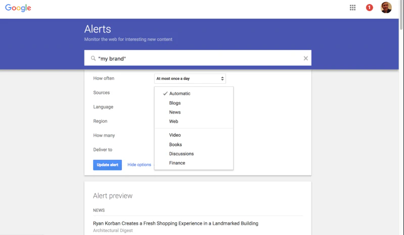screenshot of Google Alerts